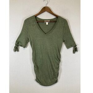 Motherhood Maternity Women Small Olive Green Ruched Pointelle Tie Sleeve Top